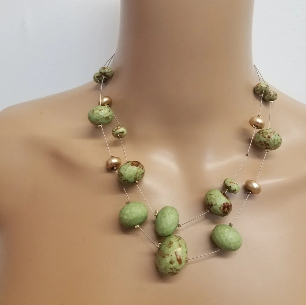 Vintage Artisan Clay Bead Illusion Necklace - Sage Green & Bronze Double Strand